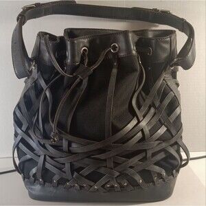 Etienne Aigner Black Vegan Leather Basket Weave Drawstring Hobo Bag